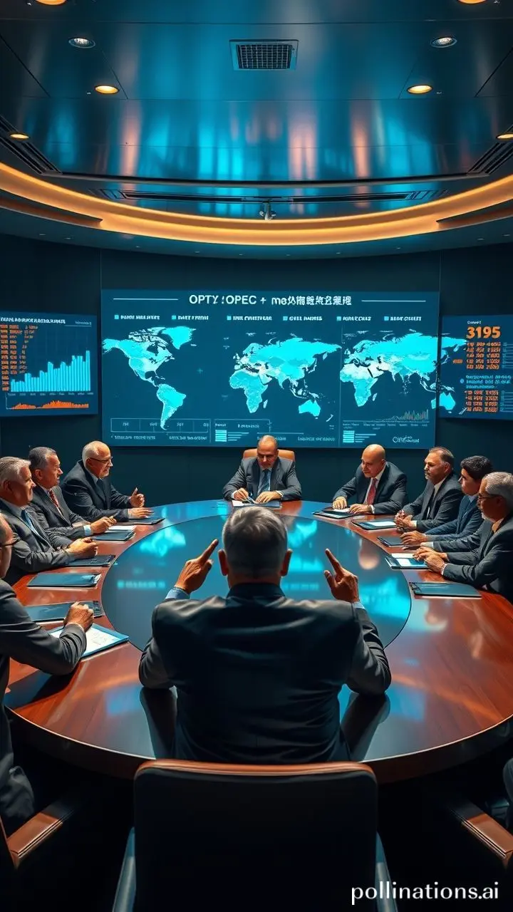 OPEC+ members discussing oil production increases in a modern conference room with market data on screens.