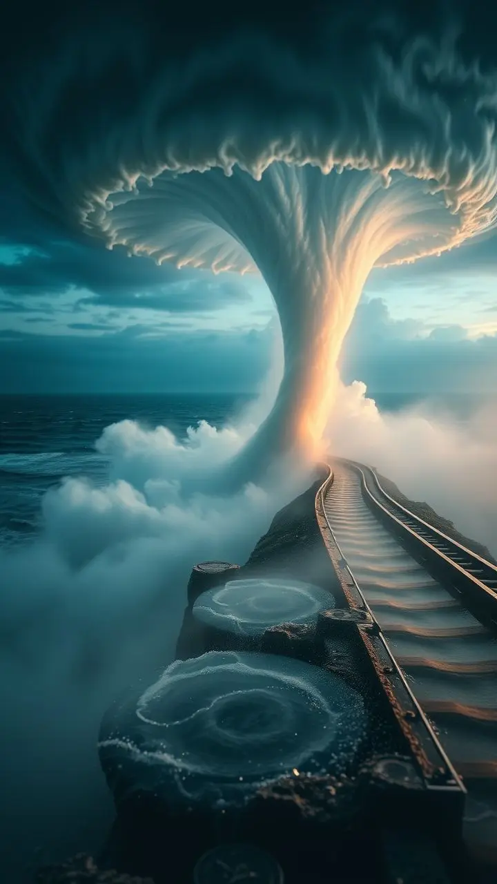 Waterspout and railway by the ocean at night, with water droplets.