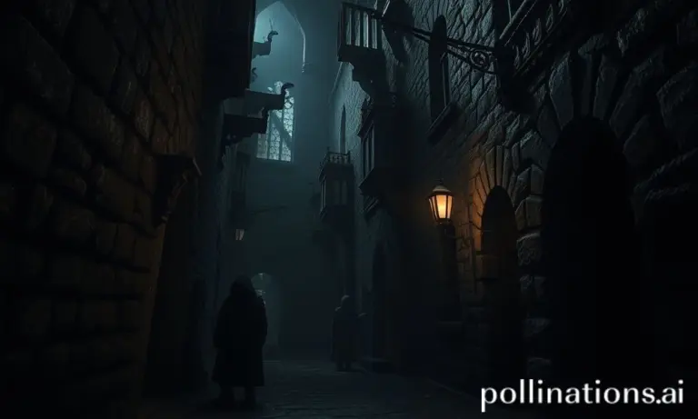 Dimly lit fantasy alley with high contrast shadows and mysterious figures.