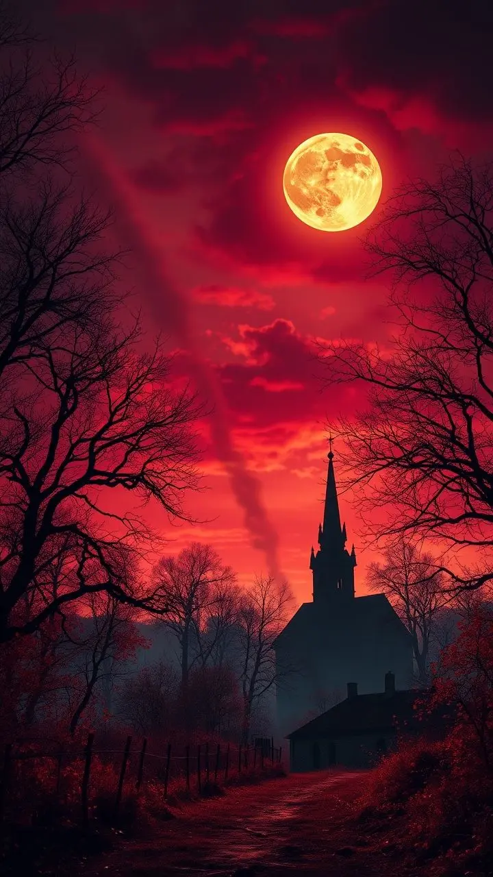 Autumn landscape with harvest moon and eerie red dawn sky.
