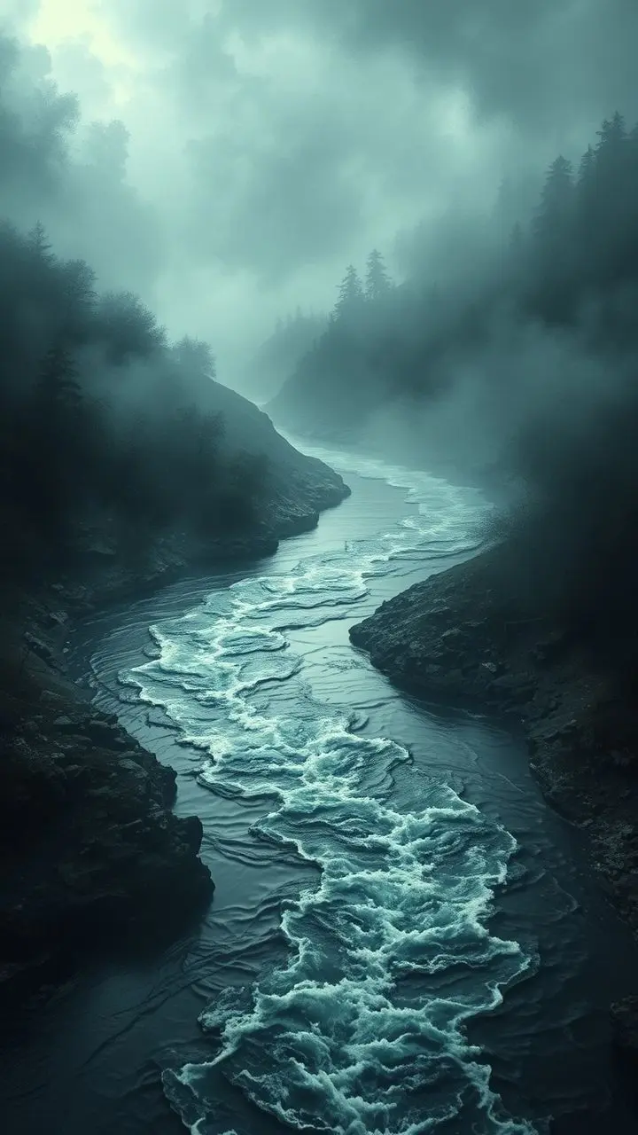 Cinematic view of a dark, winding river with icy flares and impressionistic blur.