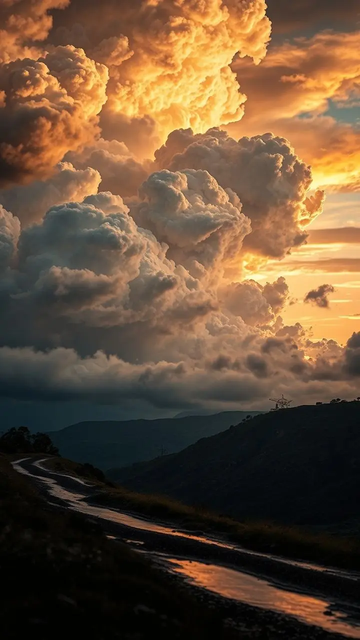 Dramatic sunrise sky with mammatus clouds and steampunk details.