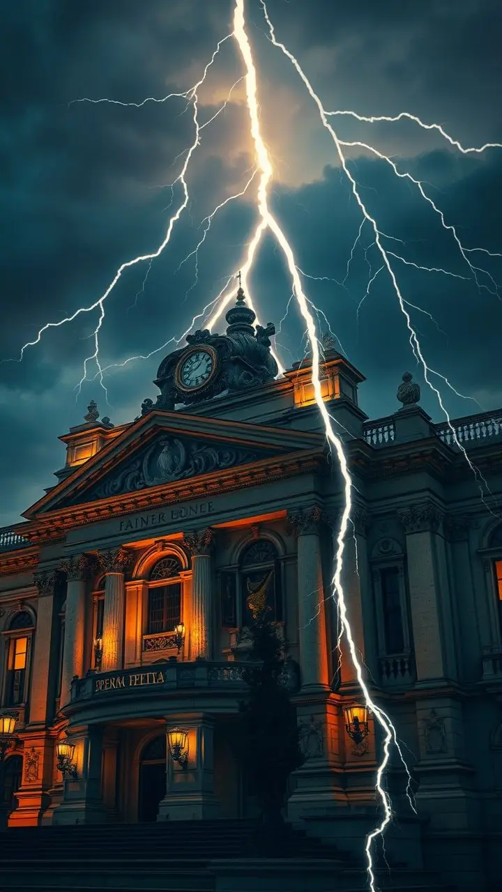 Vienna Opera House at dusk with lightning and gritty textures.