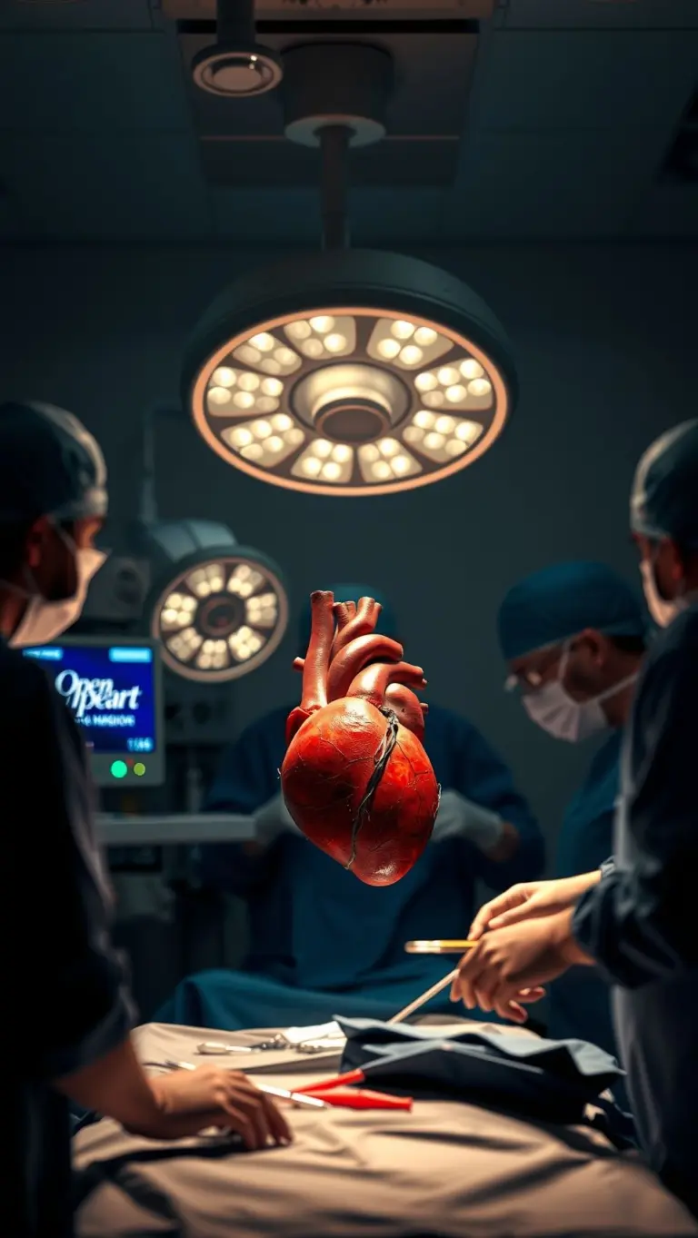 Operating room during open heart surgery with exposed heart and surgical tools.