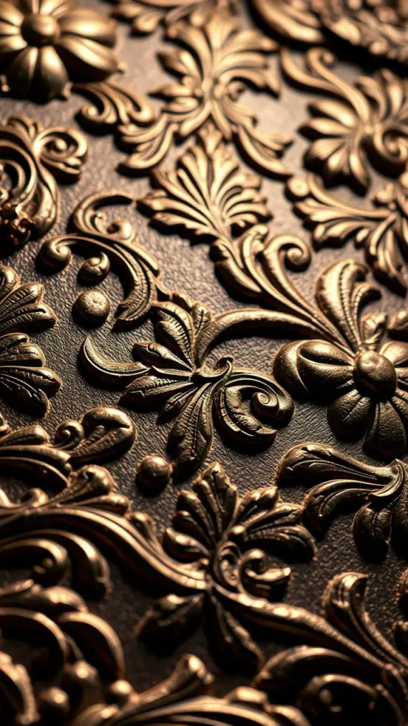 Close-up of ornate, textured surface with carvings and light/shadow play.