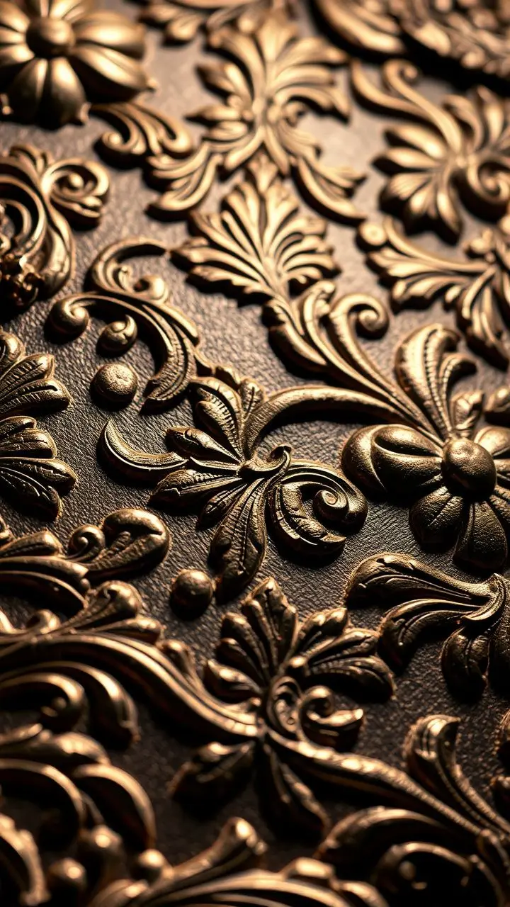 Close-up of ornate, textured surface with carvings and light/shadow play.