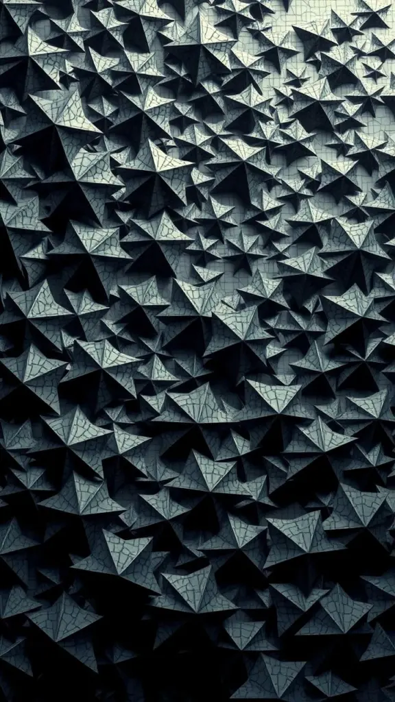 Intricate origami patterns symbolizing economic decline in a wet, desolate landscape.