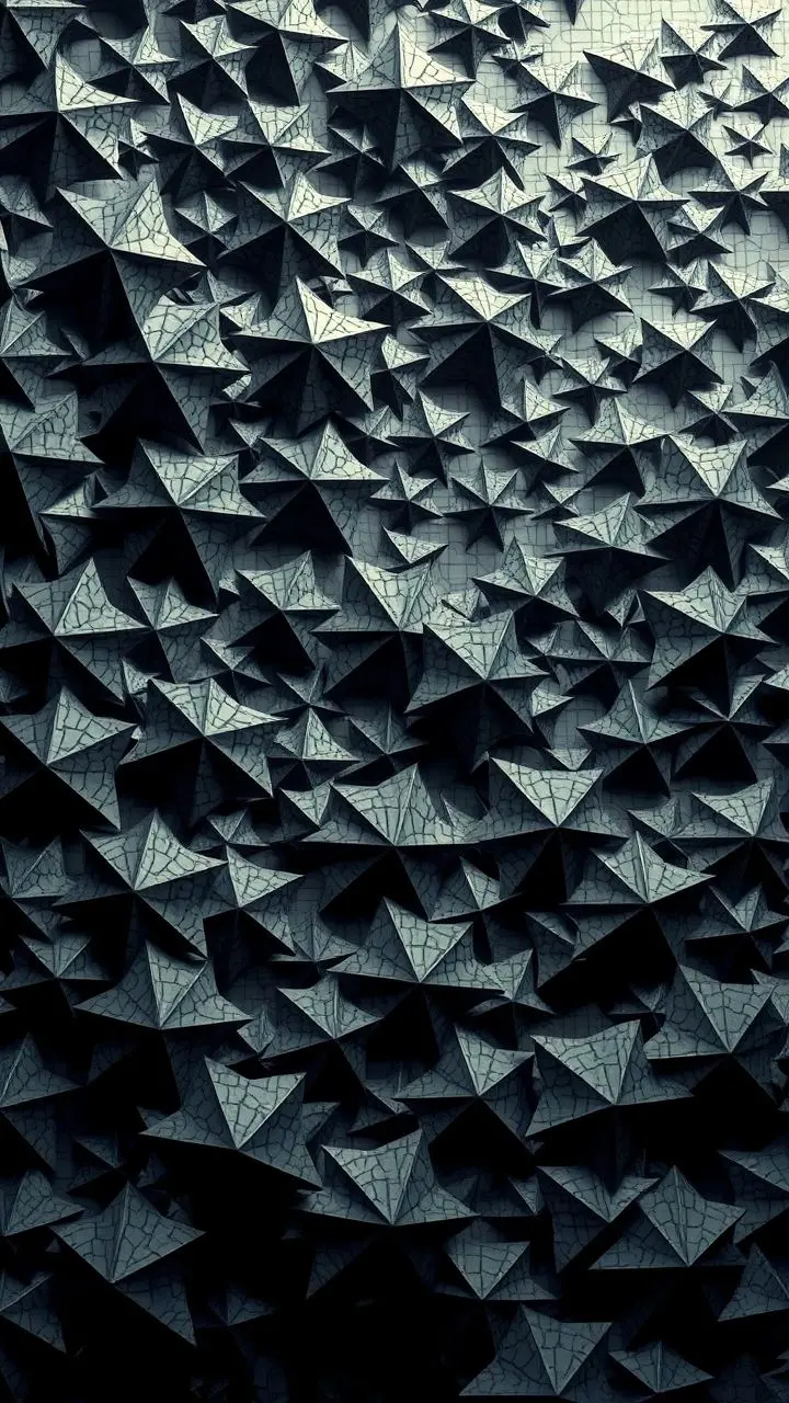 Intricate origami patterns symbolizing economic decline in a wet, desolate landscape.