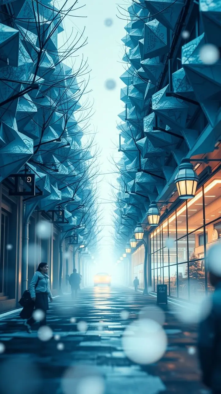 Origami tessellations in an icy blue Arctic street with floating particles and soft bokeh.