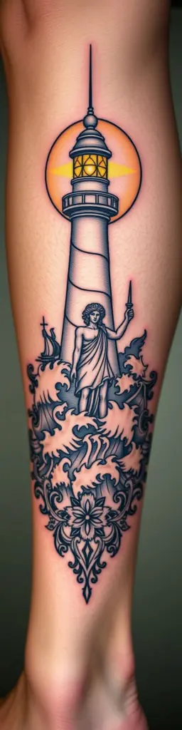 Ornamental calf tattoo with lighthouse, moon, and Poseidon.