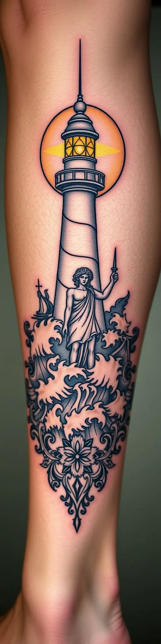 Ornamental calf tattoo with lighthouse, moon, and Poseidon.