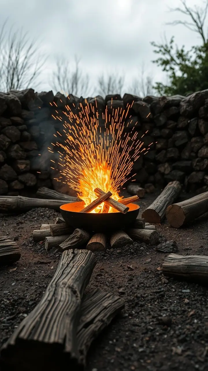 Firepit with sparks and broken wood, overlaid with ASCII art under an overcast sky.