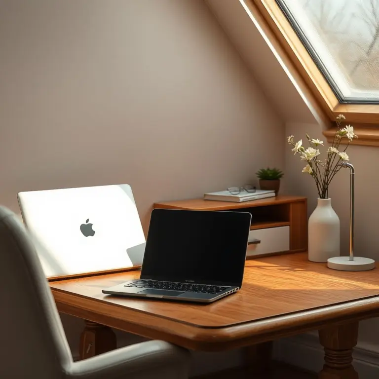 Wooden desk with laptop, coffee cup, pen, and notepad from above.