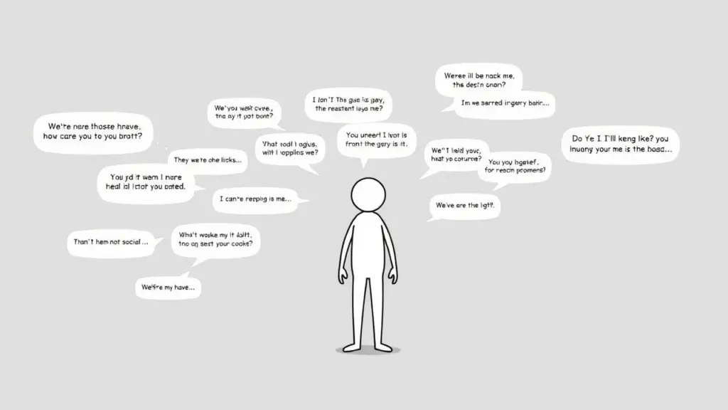 Stick figure overwhelmed by negative thought bubbles on gray background.