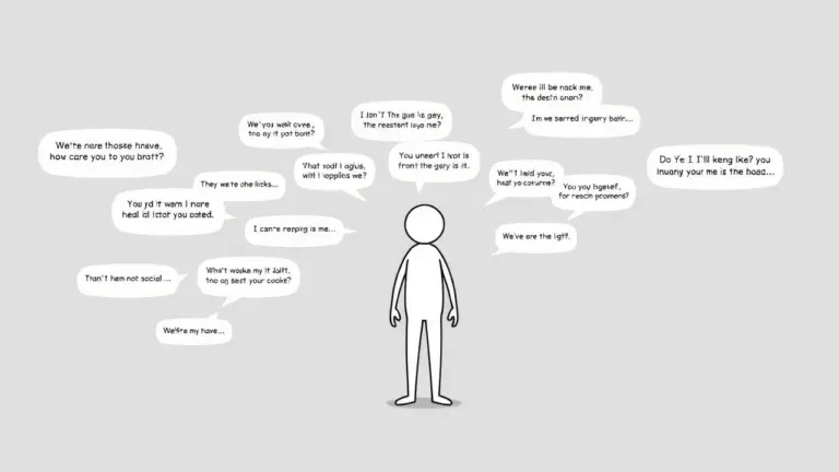 Stick figure overwhelmed by negative thought bubbles on gray background.