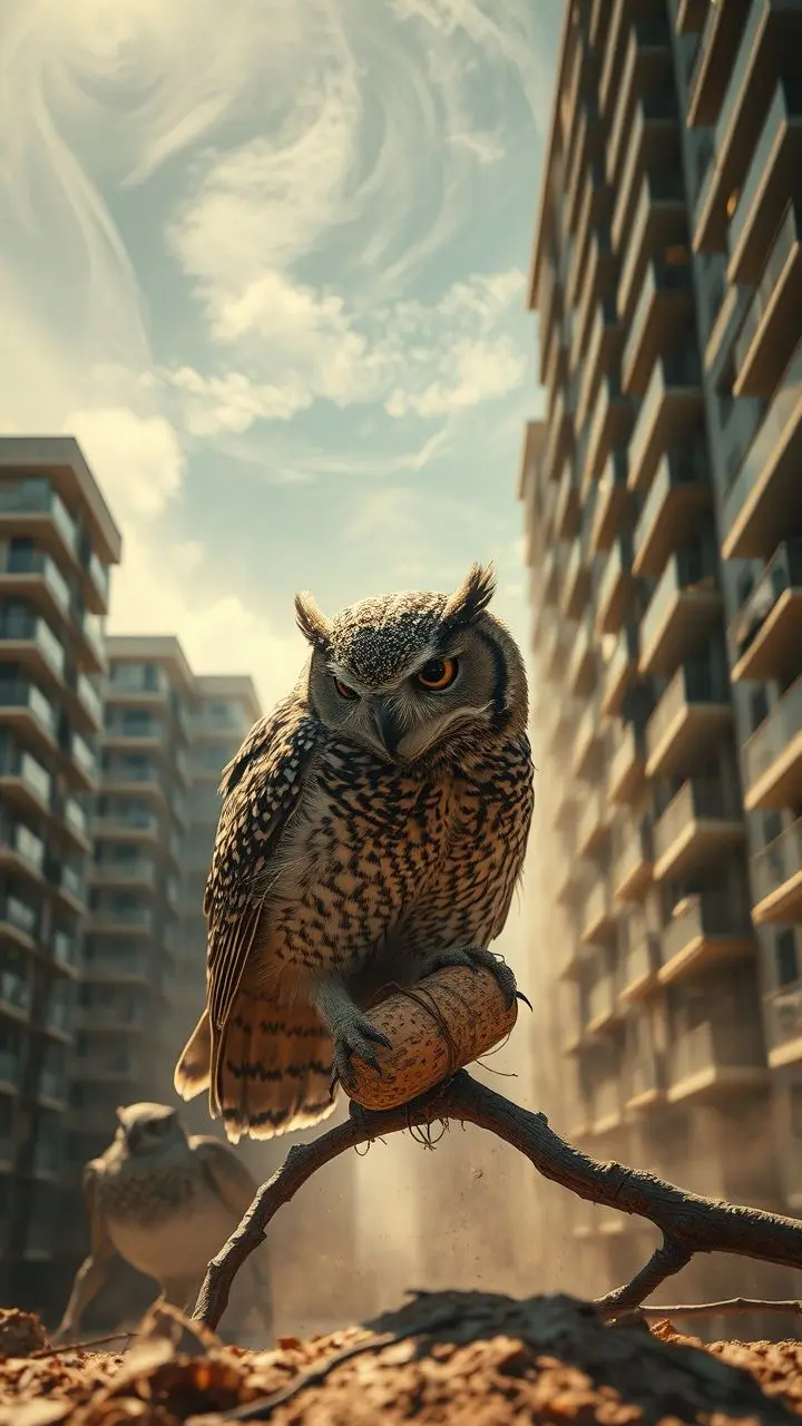 An owl dissecting a pellet with modern condos and a dust storm in the background, showing glitching effects and blur.