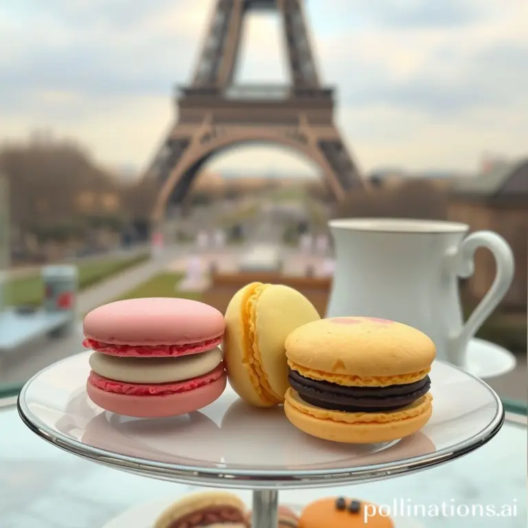 Macarons and tea with Eiffel Tower background, soft focus.