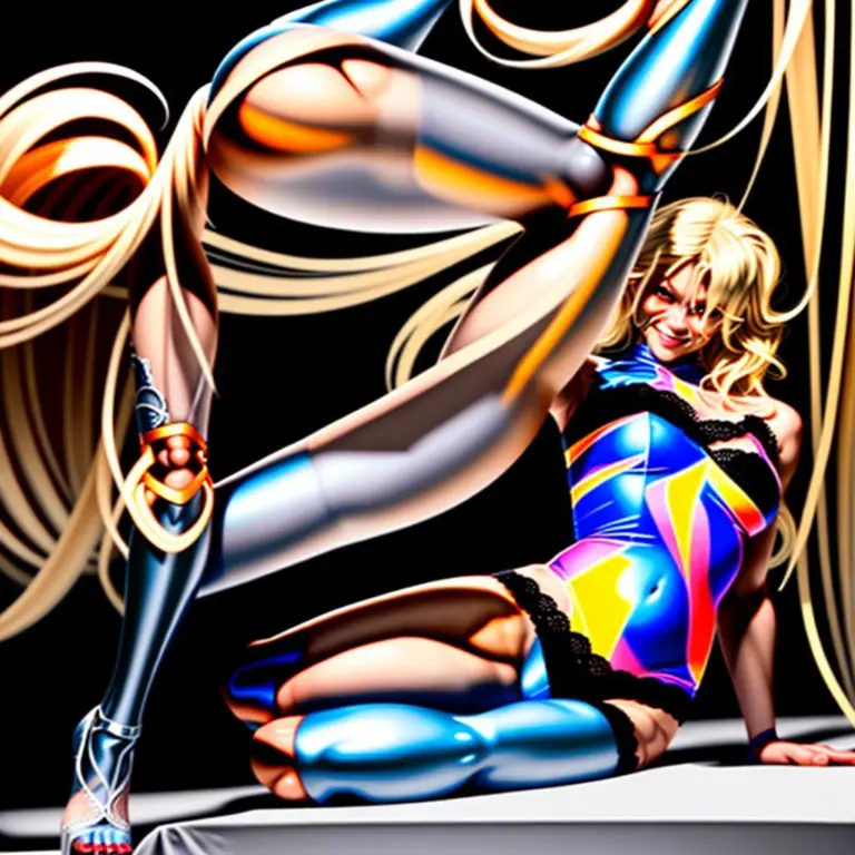 One-legged model with blonde hair and a single leg wearing a floral skirt and high heels, sitting at a cafe table.
