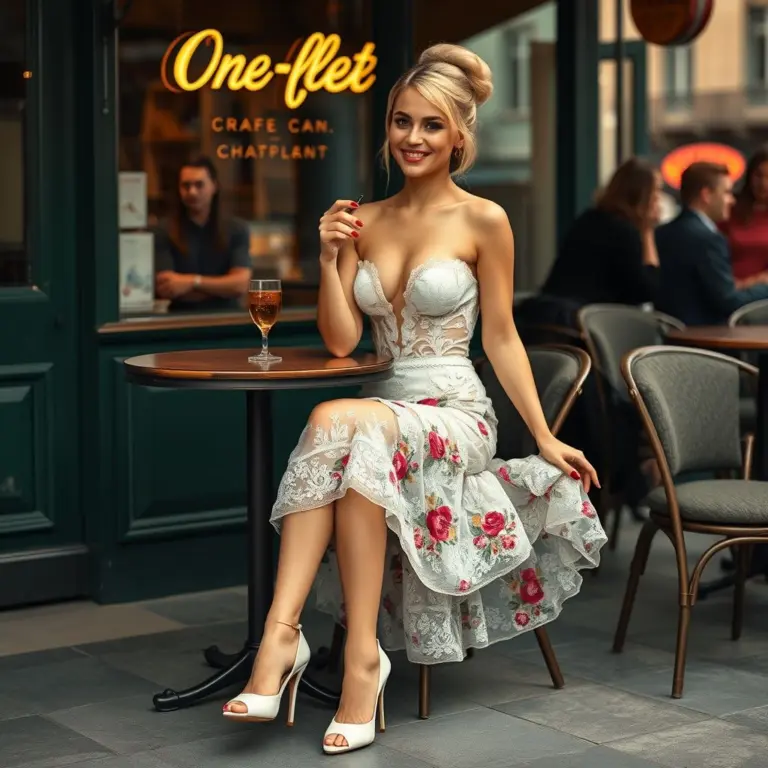 One-legged Russian model with amputated left leg and right arm, sitting with legs spread, wearing a short floral skirt and high heels, smiling at the camera in front of a cafe in Paris.