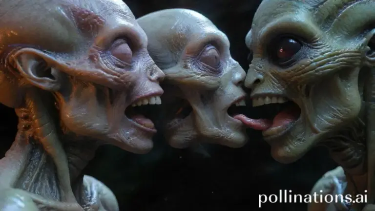Two aliens kissing passionately.