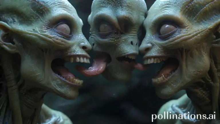 Two aliens kissing with tongues out.