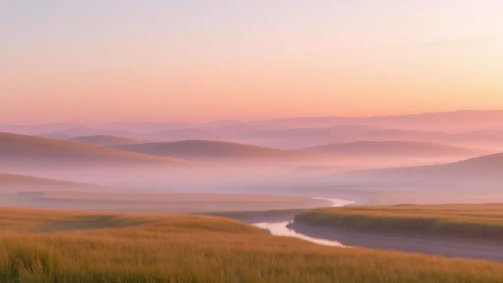 Minimalist landscape at dawn with pastel hills, mist, and a river.