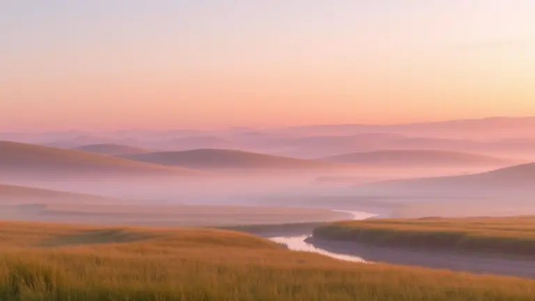 Minimalist landscape at dawn with pastel hills, mist, and a river.