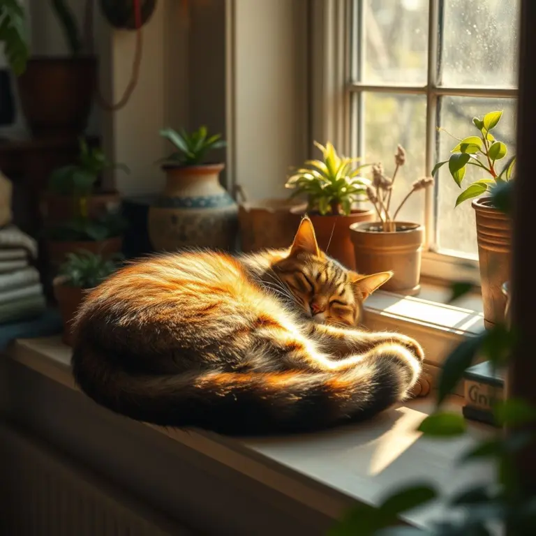 Tabby cat sleeping on a windowsill.