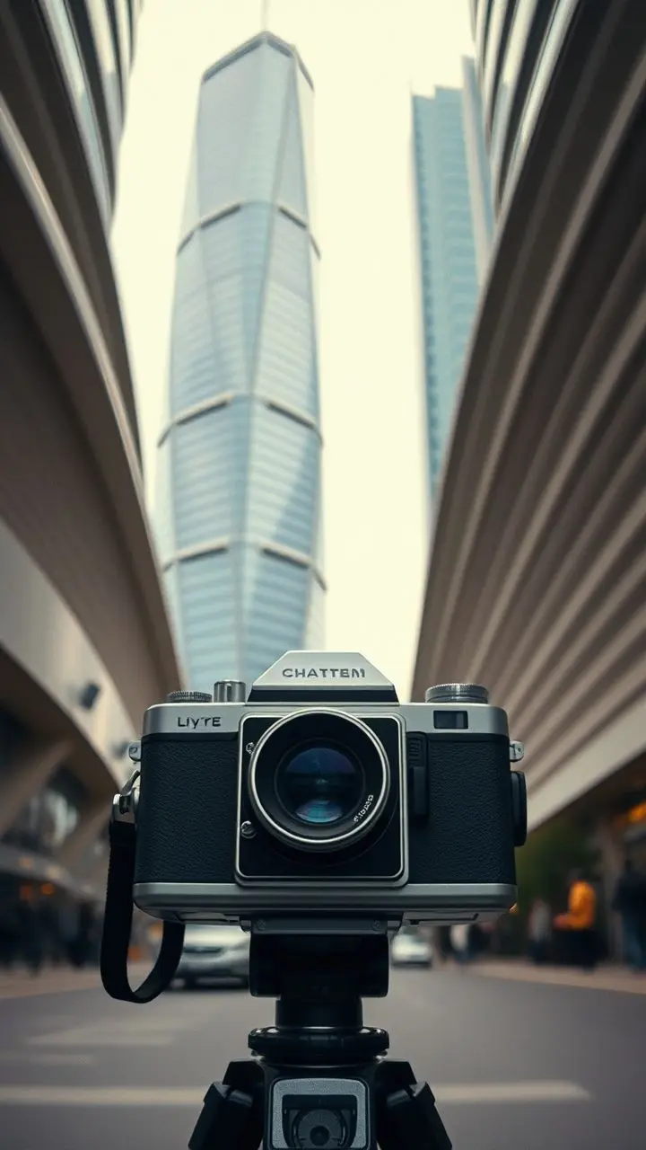 Vintage camera observing energy demand peak and plunge near bent architecture.