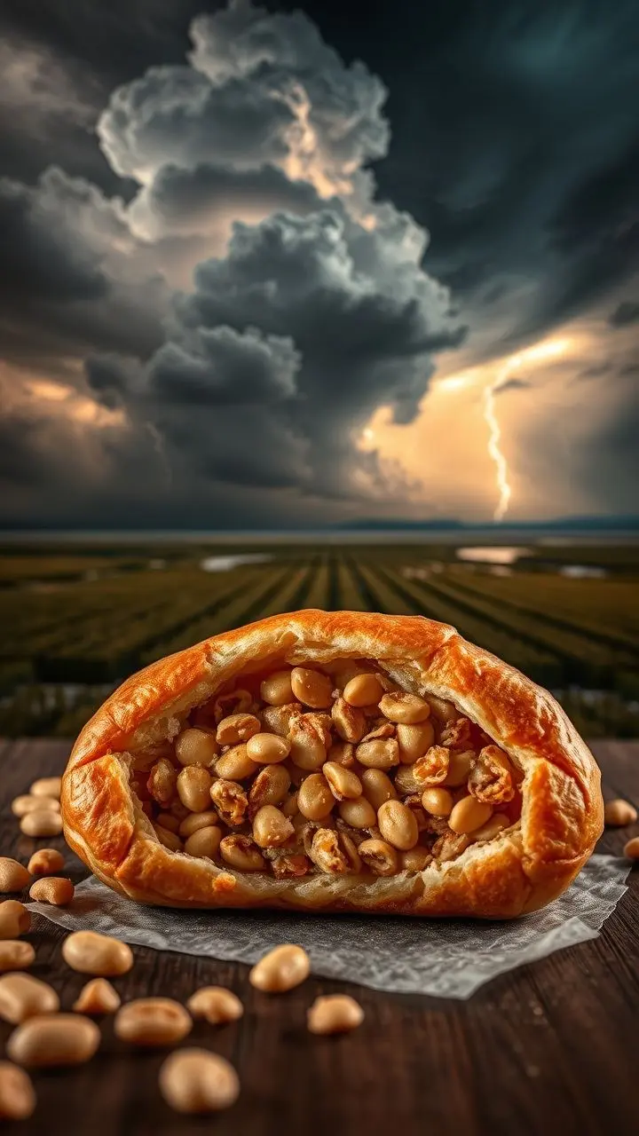 Handmade peanut pastry with crunchy filling, with a stormy landscape of marshland, reefs, and flats in the background.
