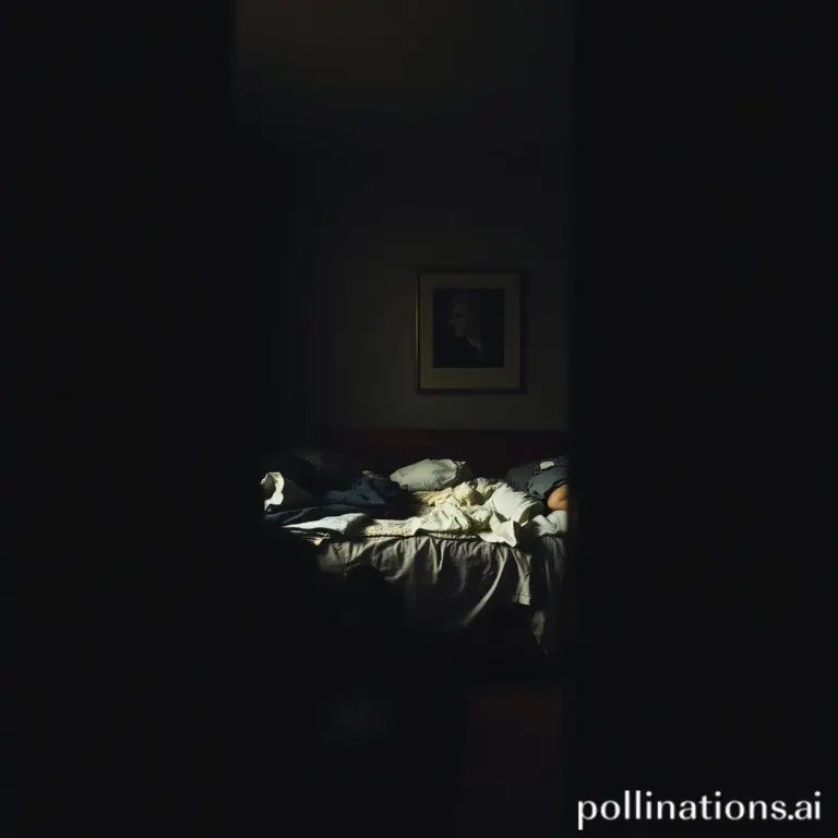 Messy bedroom seen through a door crack, dim and shadowy.