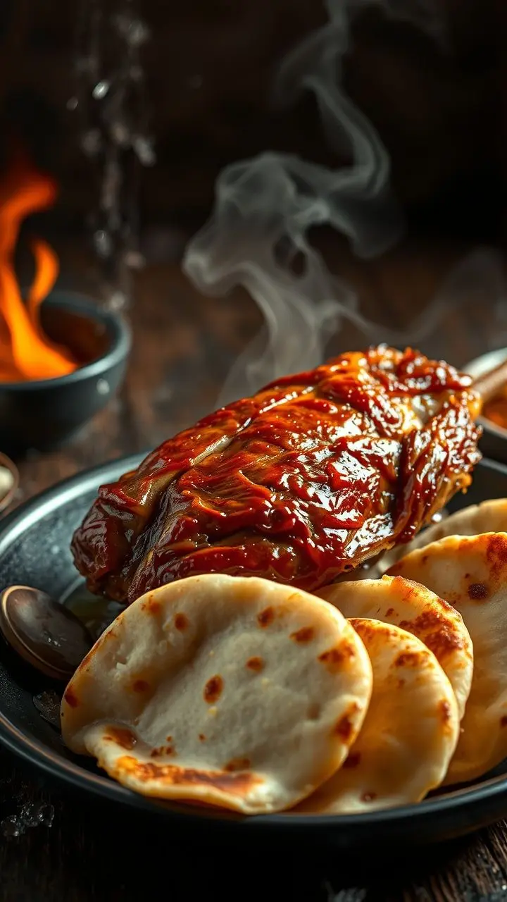 Peking duck with golden skin served with pancakes, against a background of Earth's shadow, molten textures, and digital glitch effects.