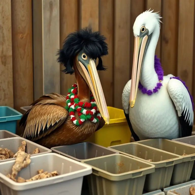 Brown pelican in Mexican hat and wig, next to messy boxes and a white pelican.