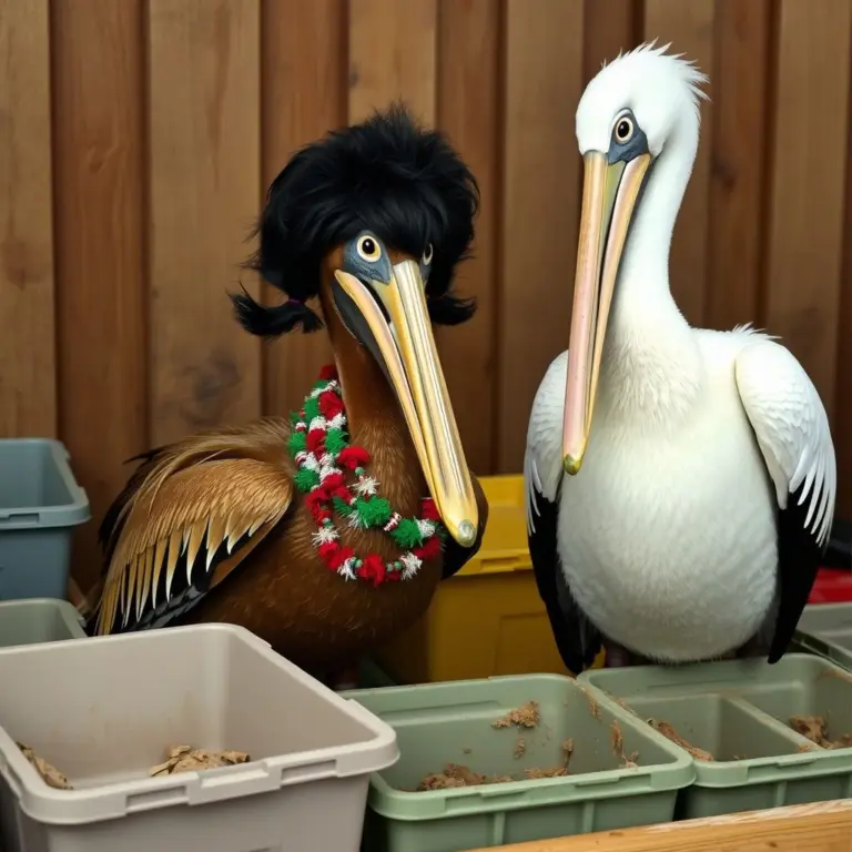 A pelican wearing a wig and Mexican hat in a stall with other pelican.