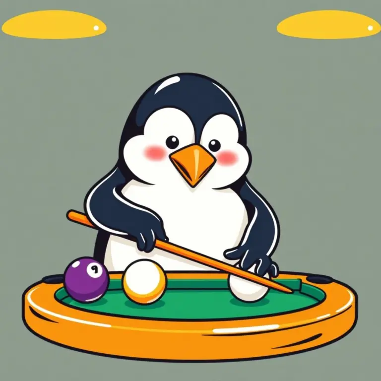 A penguin playing billiards.