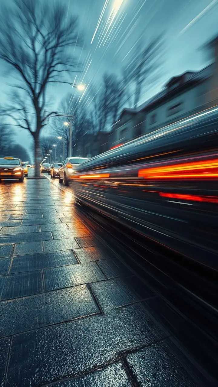 Dynamic Slovak street scene with storm tide, motion blur, and chalk pastel textures.