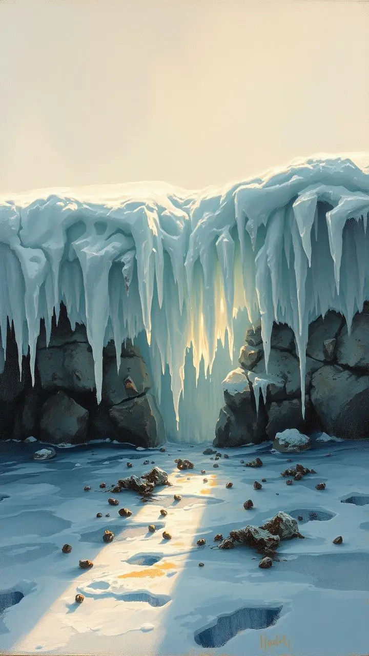 Oil painting of a permafrost base with ice formations and corroded metal.