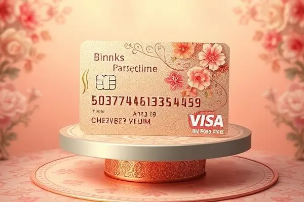 Digital bank card with Persian floral design in rose gold and pink.