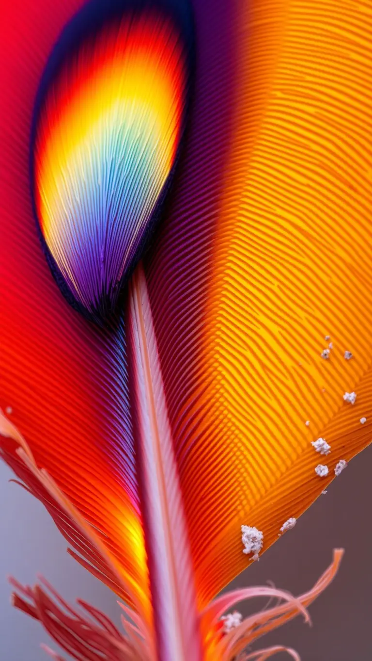 Close-up of a phoenix feather with pastel fiery gradients and glowing embers.