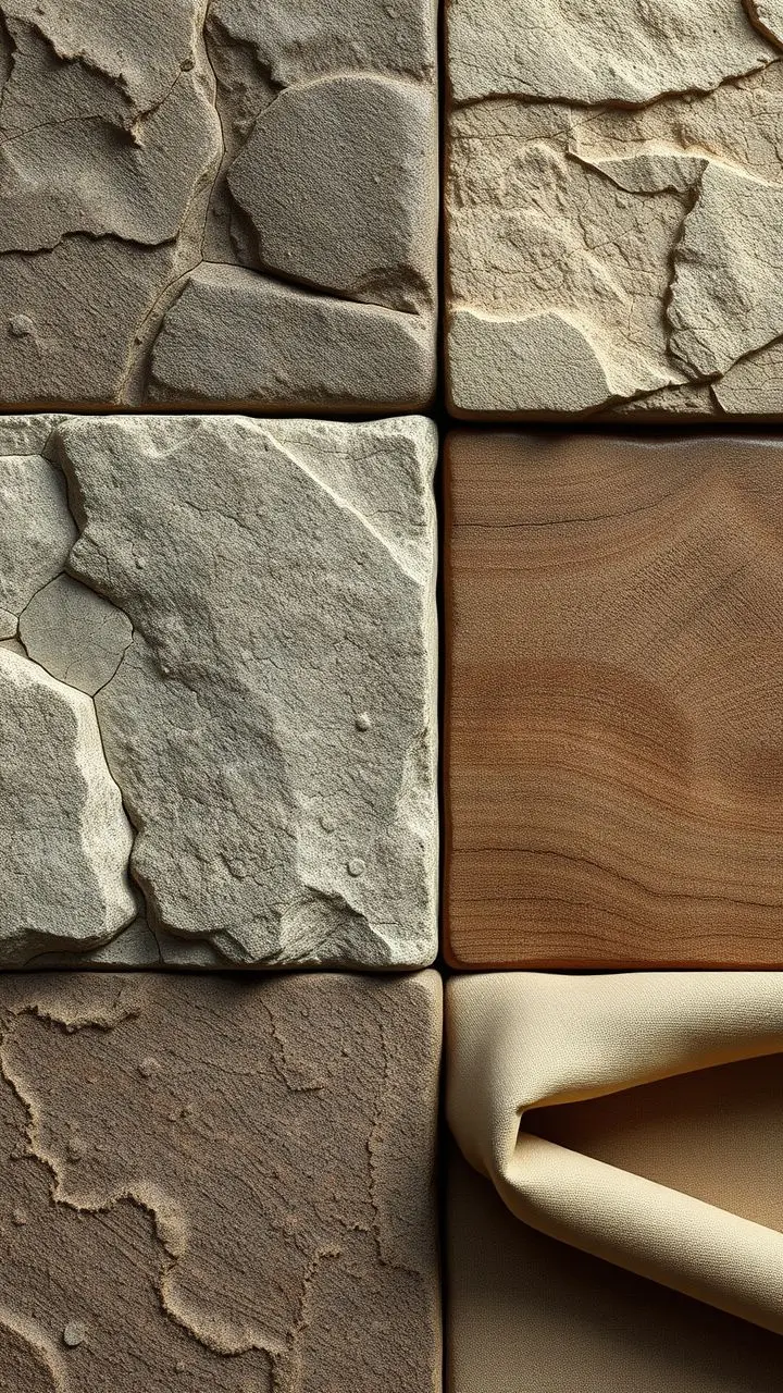 Close-up of realistic textures: polished stone, weathered wood, metal, fabric.
