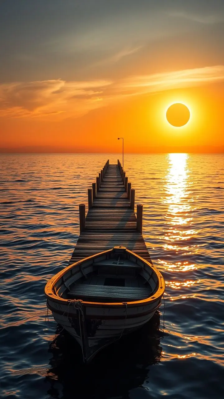 Fishing pier at sunset with solar eclipse and Kintsugi boat.