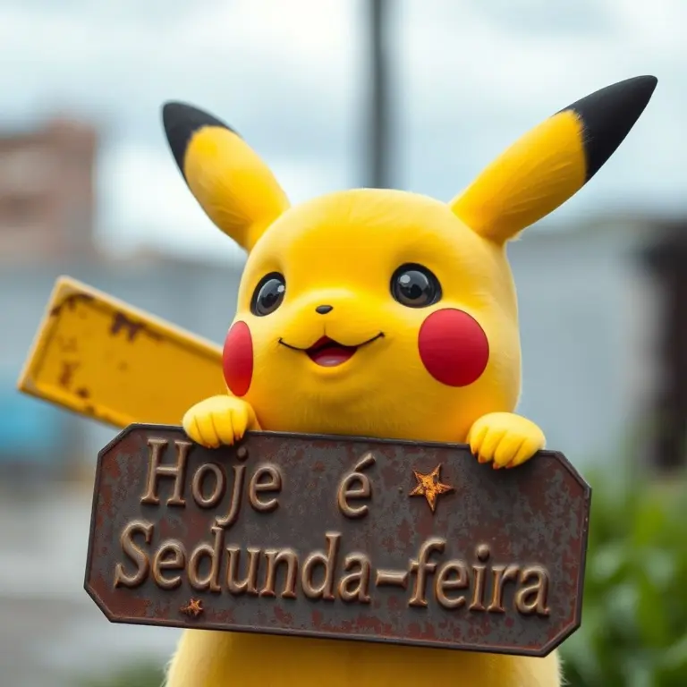 Pikachu holding a rusty sign saying 'Hoje é segunda-feira'.