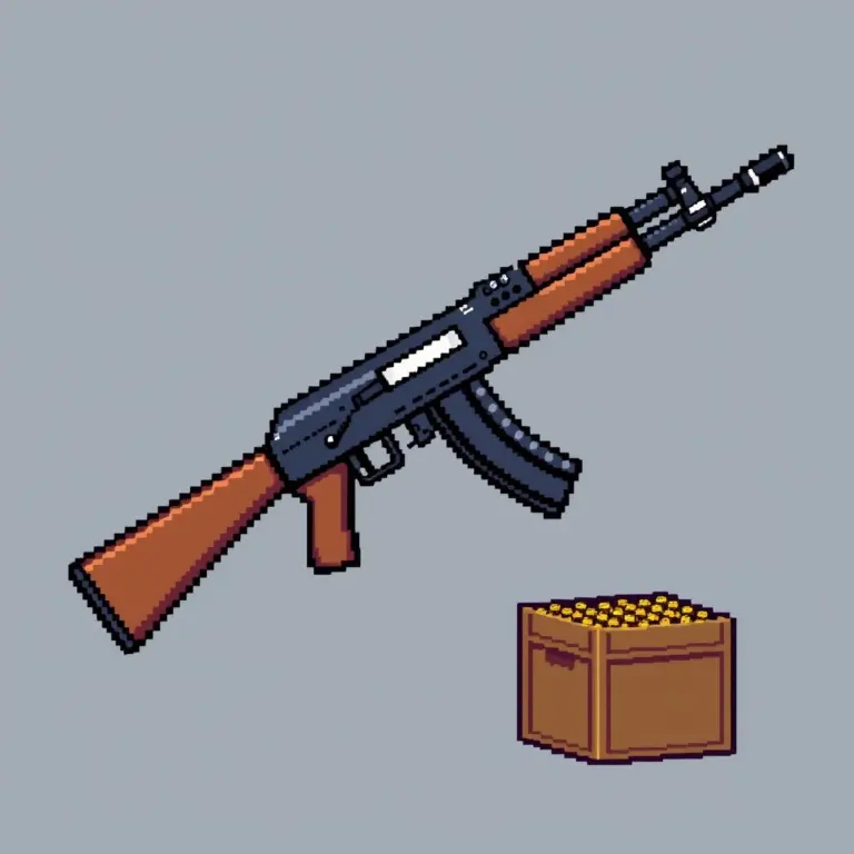 Pixel art AK-47 and ammo box
