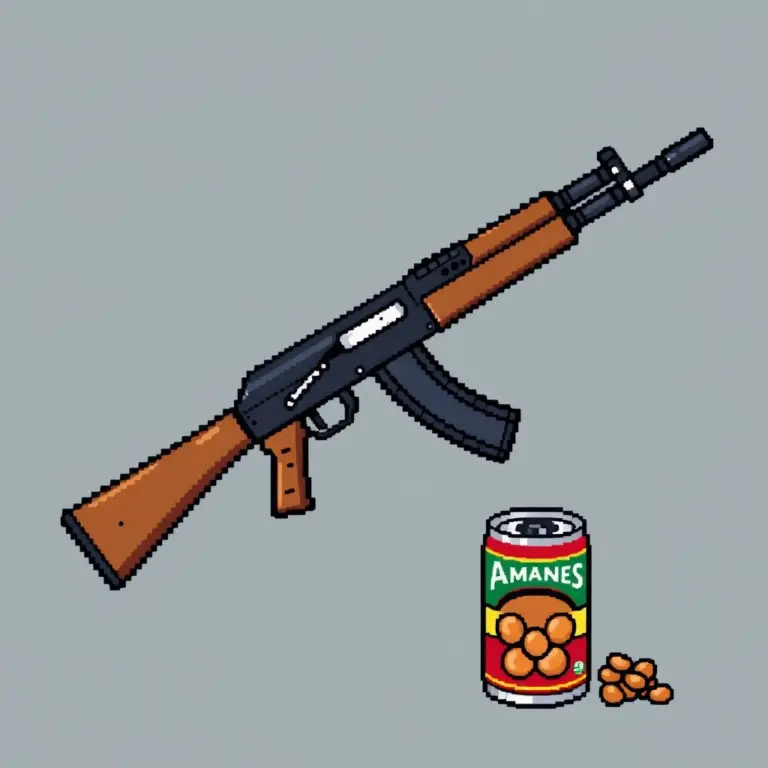 8-bit AK-47 and can of beans pixel art.