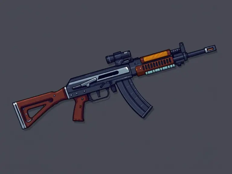 Pixel art AK-47 covered in attachments.