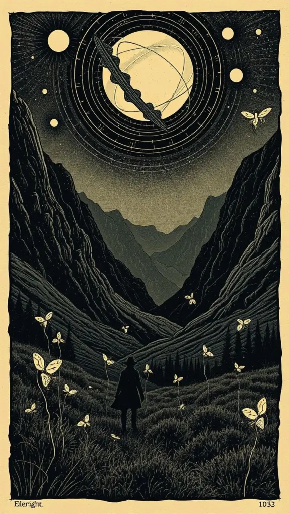 Woodcut print of a surreal valley with inverted landscapes and figures under planetary alignment, featuring steampunk elements and fireflies.
