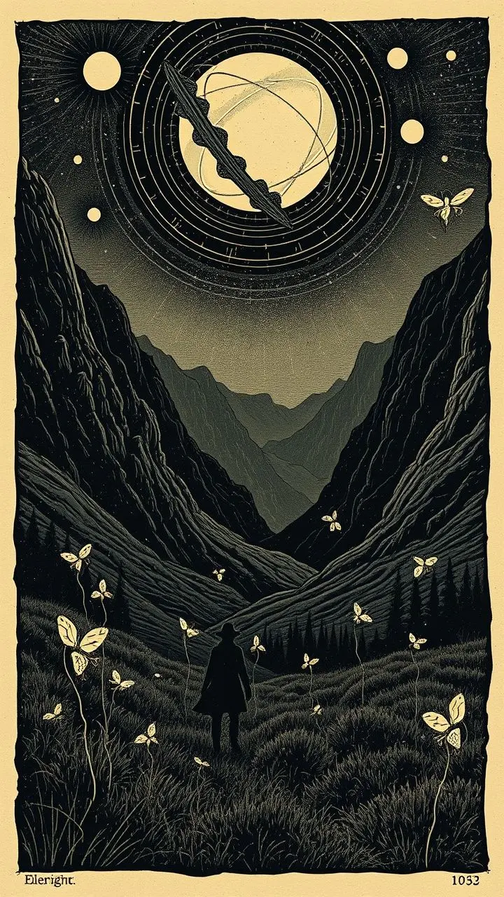Woodcut print of a surreal valley with inverted landscapes and figures under planetary alignment, featuring steampunk elements and fireflies.