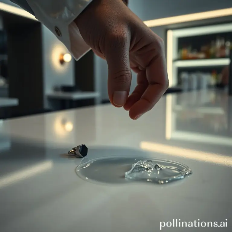 Male hand dropping platinum cufflink on a bar with melted ice.
