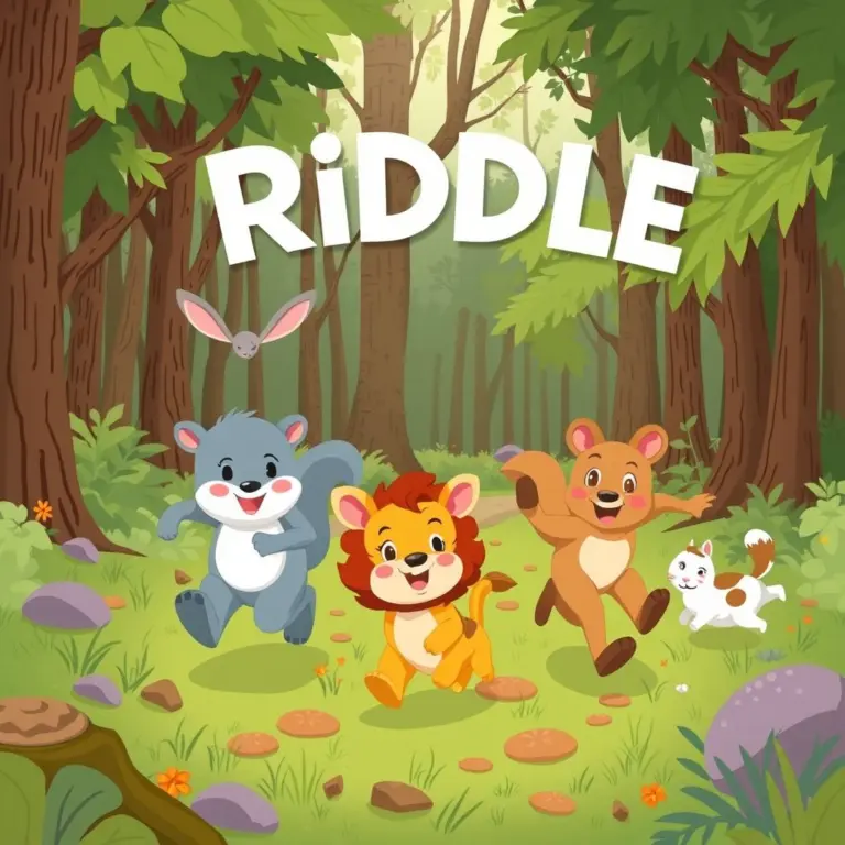 Animal friends chasing each other through a forest, laughing.