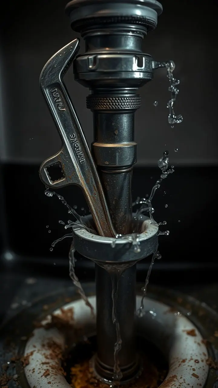 Plumber's wrench and drain snake in pipe.